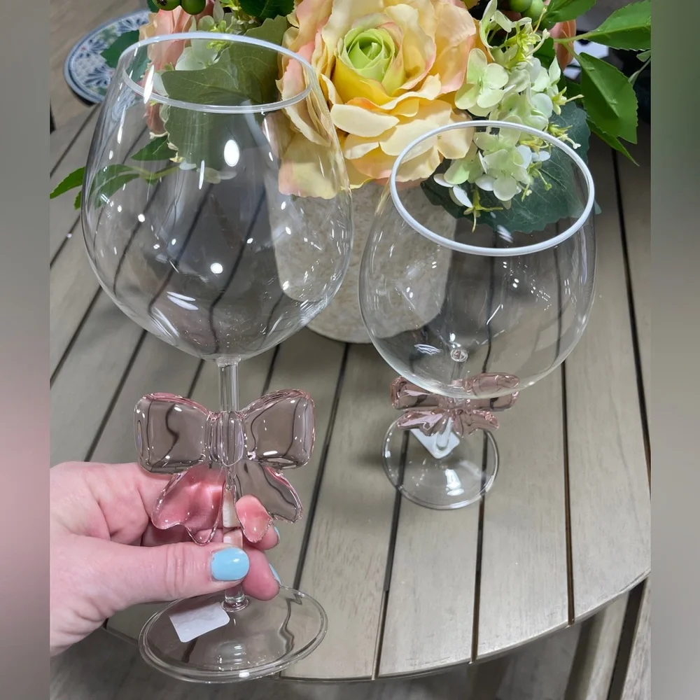Pink Bow Ribbon Coquette Glass Wine Glasses Set of 2 NWT